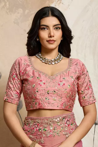 Peach Floral Embroidered Designer Saree for Women