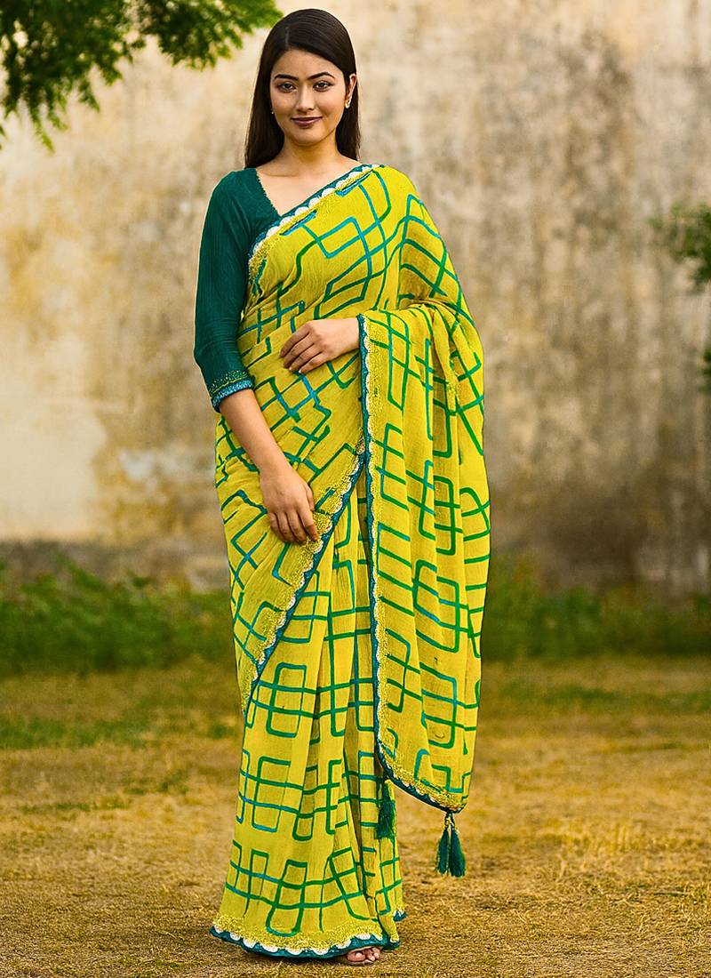 Yellow georgette saree