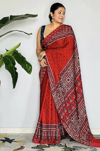 Red japan satin saree with digital print blouse
