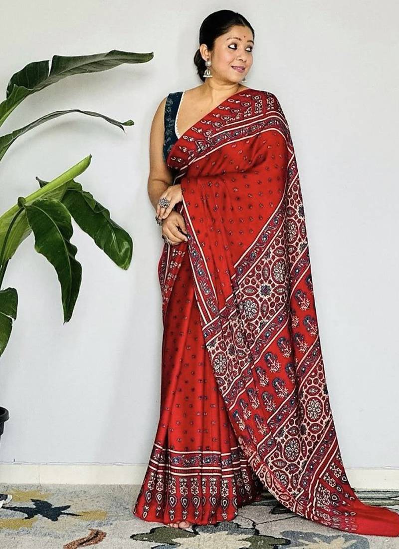 Red japan devsena satin saree japan satin digital print blouse