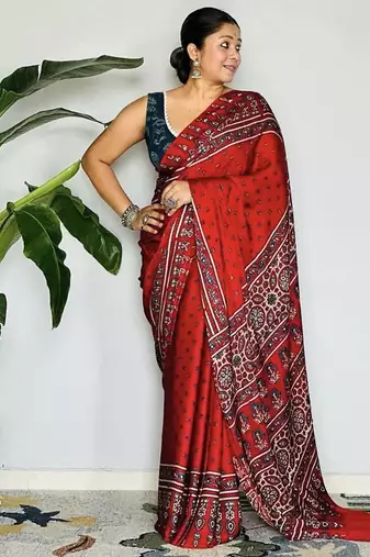 Red japan satin saree with digital print blouse