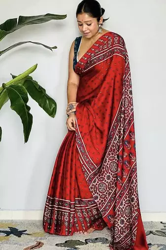 Red japan satin saree with digital print blouse