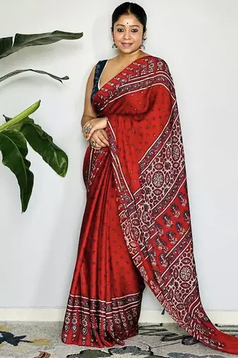 Red japan satin saree with digital print blouse