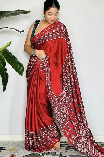 Red japan satin saree with digital print blouse