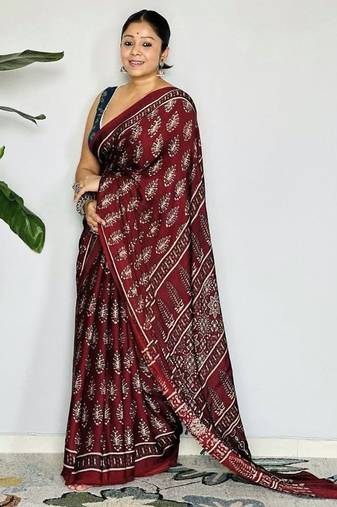 Maroon japan satin saree with digital print blouse