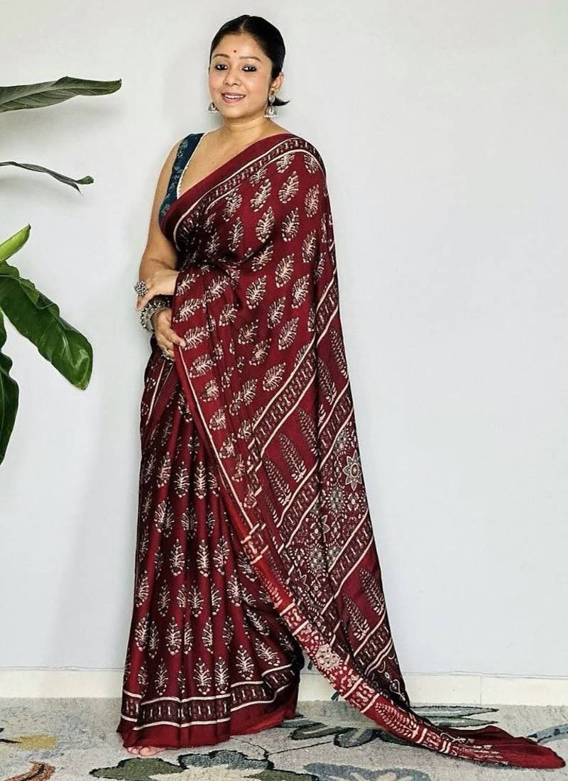 Maroon japan devsena satin saree japan satin digital print blouse