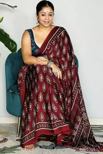 Maroon japan satin saree with digital print blouse