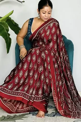 Maroon japan satin saree with digital print blouse