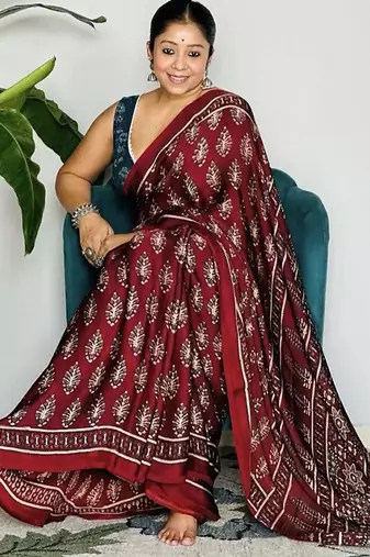 Maroon japan satin saree with digital print blouse