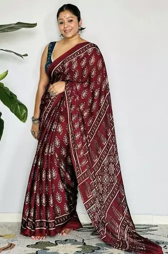 Maroon japan satin saree with digital print blouse