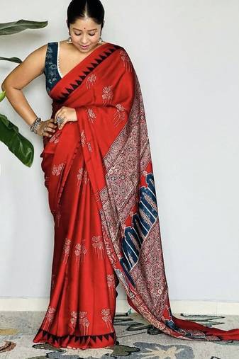 Red japan devsena satin saree japan satin digital print blouse