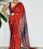 Red japan devsena satin saree japan satin digital print blouse