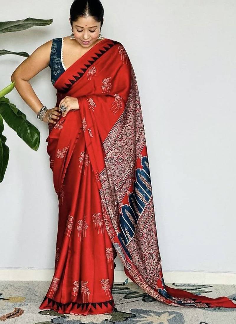 Red japan devsena satin saree japan satin digital print blouse