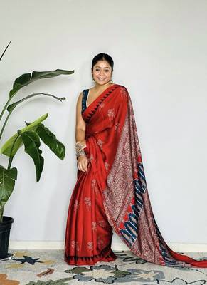Red japan satin saree with digital print blouse 2