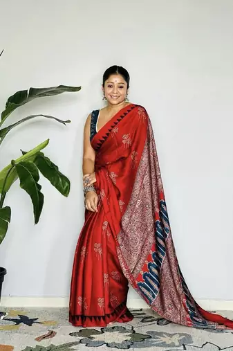 Red japan satin saree with digital print blouse