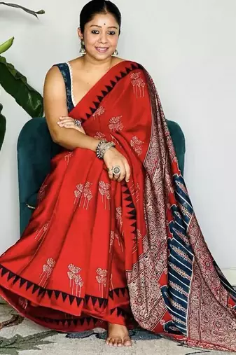 Red japan satin saree with digital print blouse