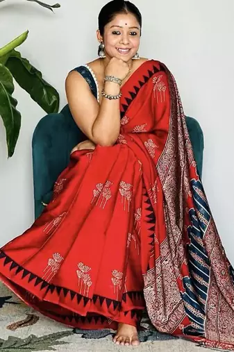 Red japan satin saree with digital print blouse