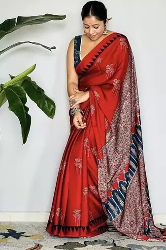 Red japan satin saree with digital print blouse