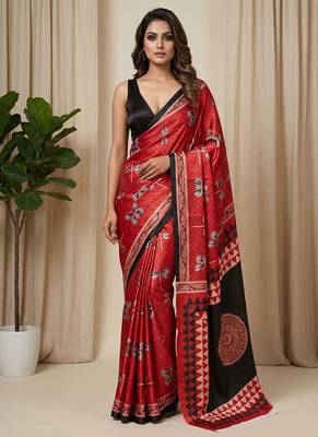 Maroon japan satin saree with digital print blouse 1