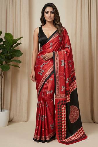 Maroon japan devsena satin saree japan satin digital print blouse