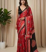 Maroon japan devsena satin saree japan satin digital print blouse