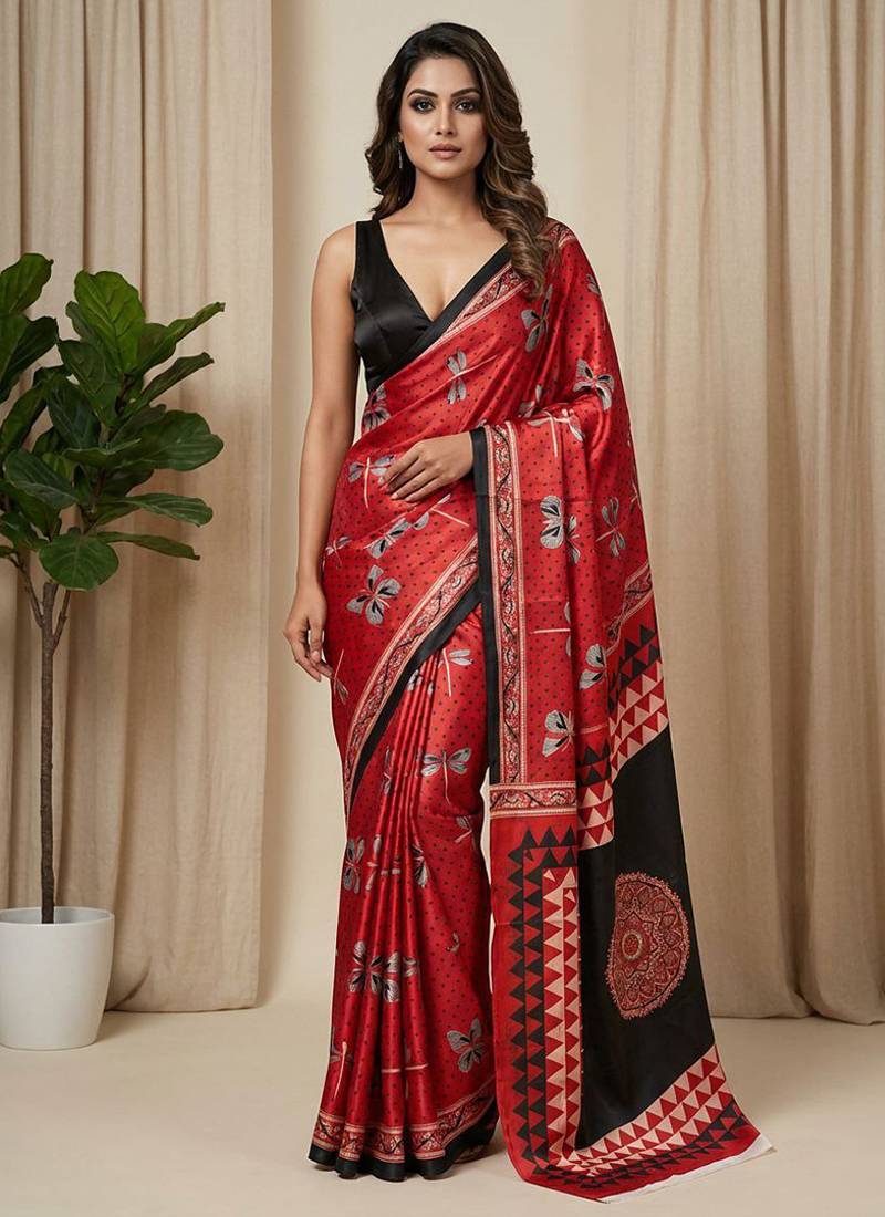 Maroon japan devsena satin saree japan satin digital print blouse