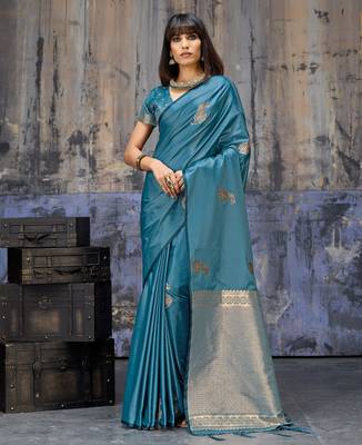 teal blue pure satin handloom weaving saree with blouse 1