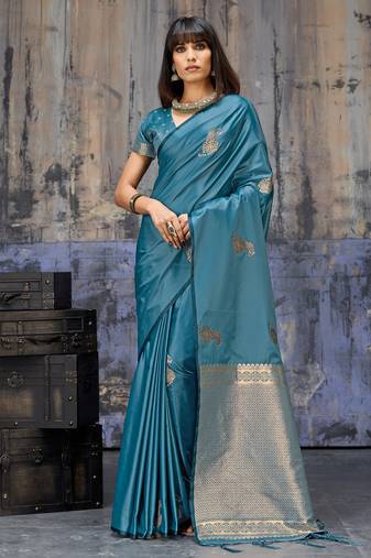 teal blue pure satin handloom weaving saree with blouse