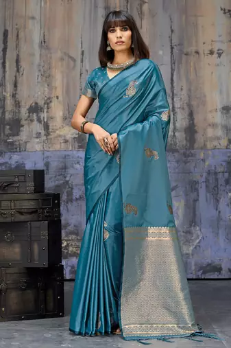 teal blue pure satin handloom weaving saree with blouse