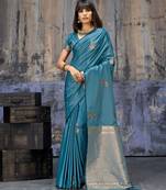 teal blue pure satin handloom weaving saree with blouse