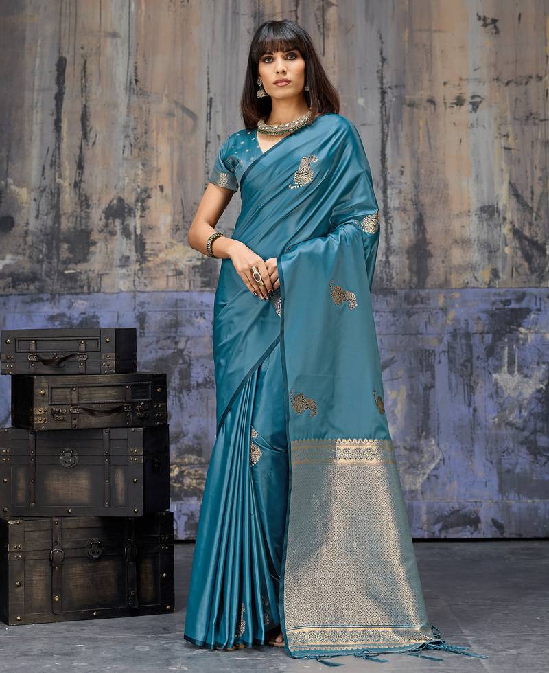 teal blue pure satin handloom weaving saree with blouse