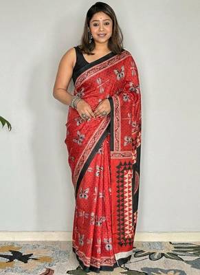 Maroon japan satin saree with digital print blouse 2
