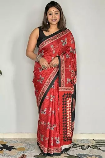 Maroon japan satin saree with digital print blouse