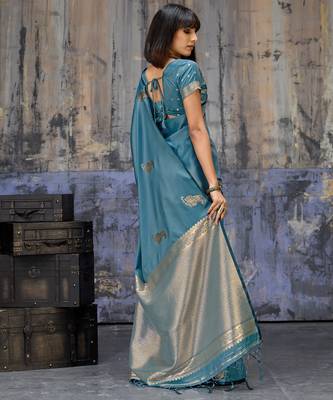 teal blue pure satin handloom weaving saree with blouse 2