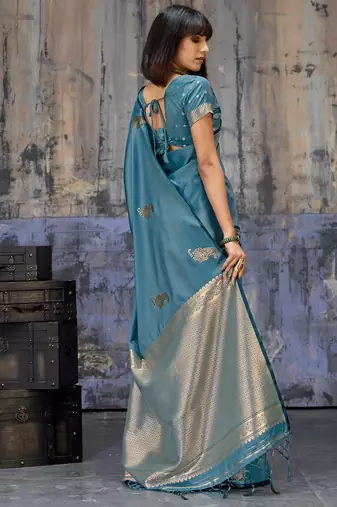 teal blue pure satin handloom weaving saree with blouse