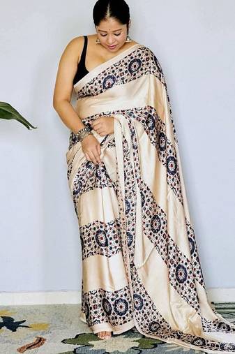 Off-White japan satin saree with digital print blouse