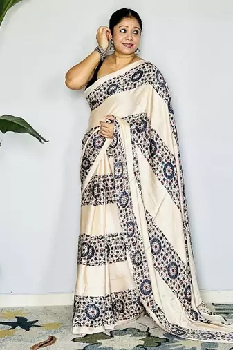 Off-White japan satin saree with digital print blouse