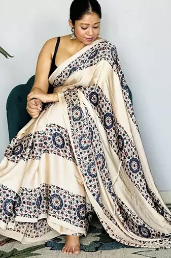 Off-White japan satin saree with digital print blouse