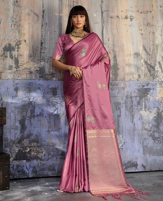 pink pure satin handloom weaving saree with blouse 1