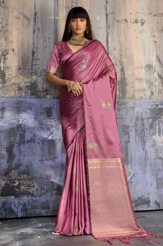 pink pure satin handloom weaving saree with blouse