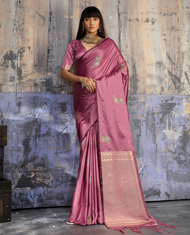 pink pure satin handloom weaving saree with blouse