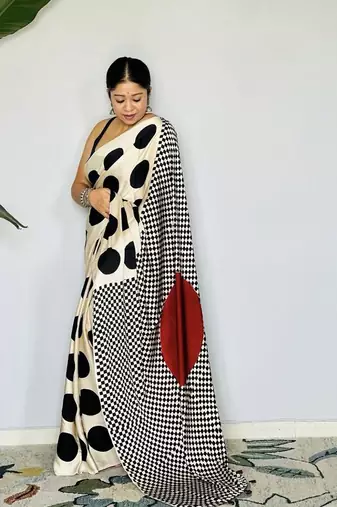 Off-White japan satin saree with digital print blouse