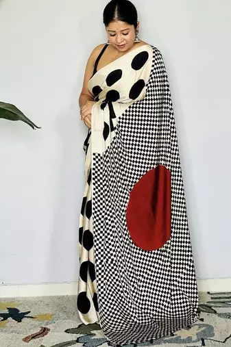 Off-White japan satin saree with digital print blouse