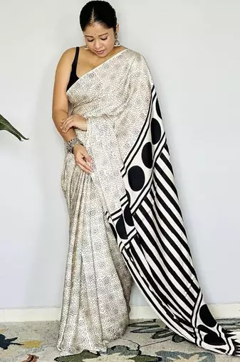 Off-White japan satin saree with digital print blouse