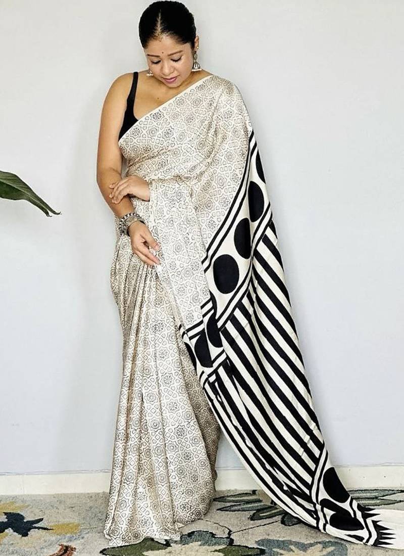 Off-White japan devsena satin saree japan satin digital print blouse