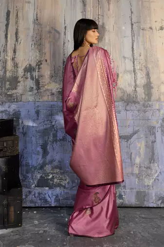 pink pure satin handloom weaving saree with blouse