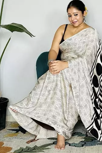 Off-White japan satin saree with digital print blouse