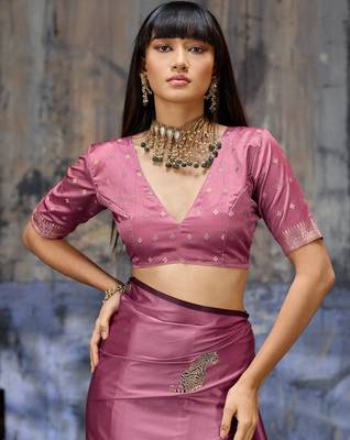 pink pure satin handloom weaving saree with blouse 3
