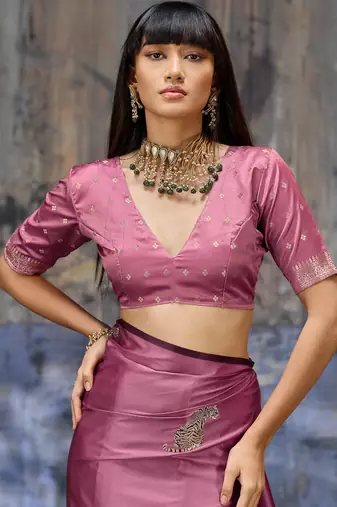 pink pure satin handloom weaving saree with blouse