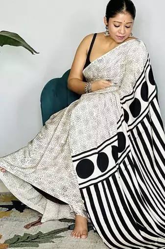 Off-White japan satin saree with digital print blouse